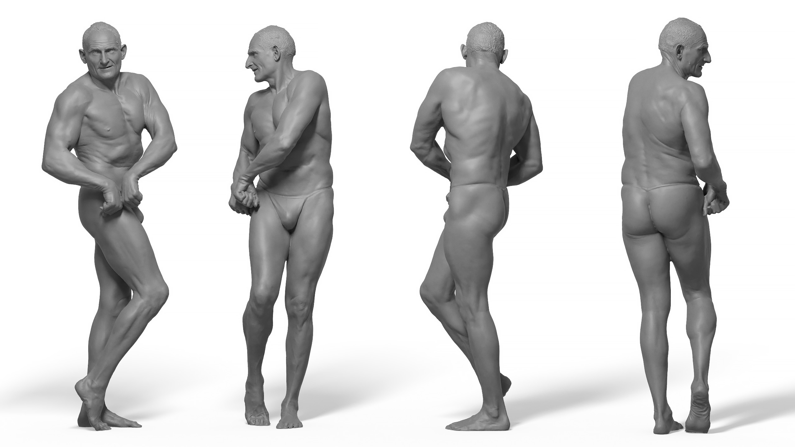 Grey clay render Male Anatomy muscled 3d reference download pose